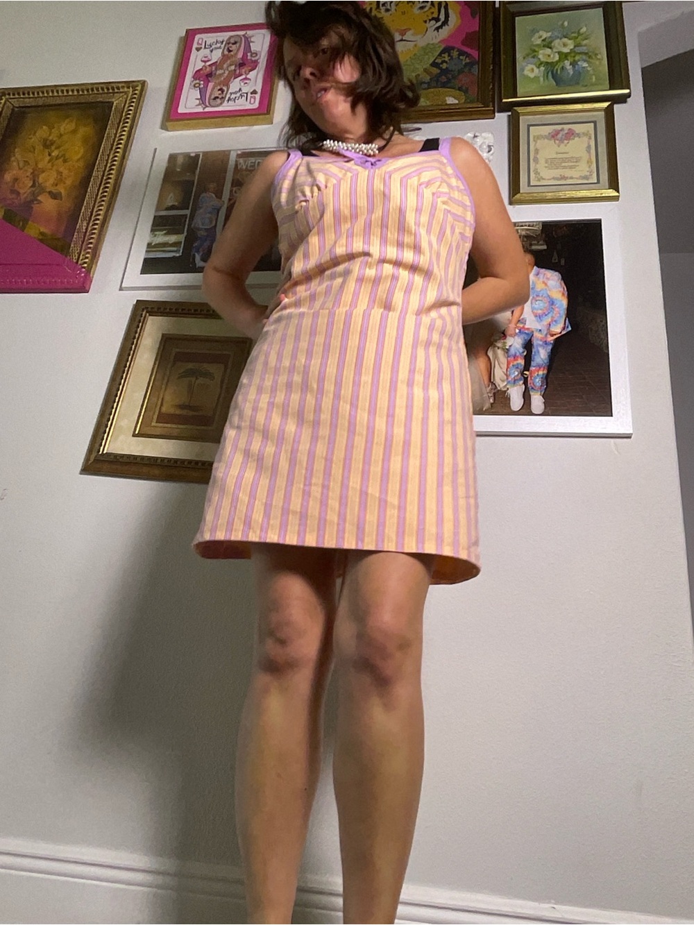Handmade Reversible Cotton Sundress Floral Stripe Tie Strap Dress M/L Boho - Picture 6 of 10